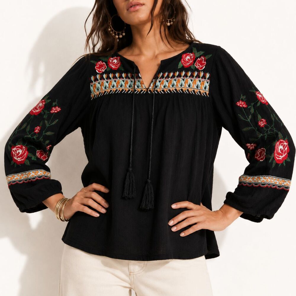 Boho Embroidered Peasant Tunic Top M Black Rose Floral 3/4 Sleeve Festival